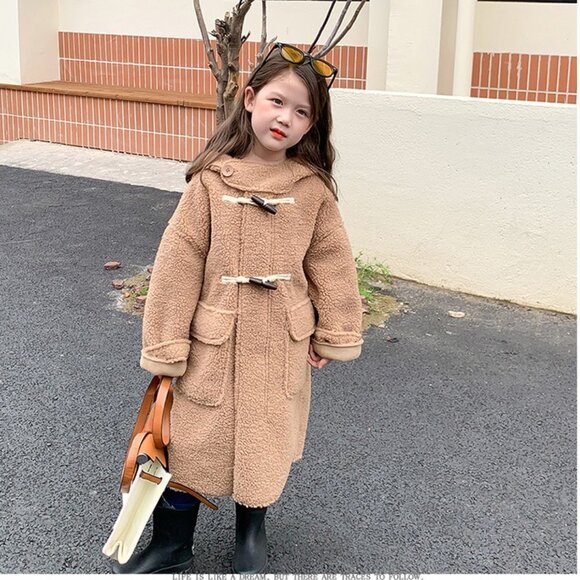 Unique Kids Oversized Woolen Hooded Trench Coat Pink - Picture 1 of 7